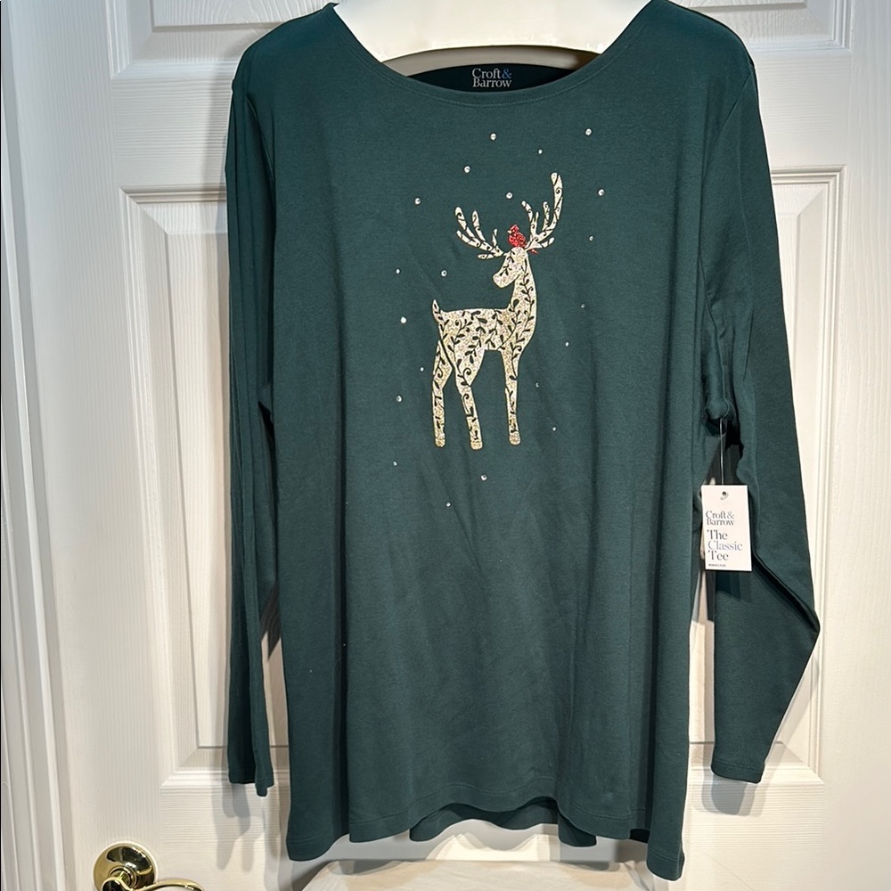 Croft & Barrow Green & Gold Reindeer Long Sleeve Shirt Size 3X